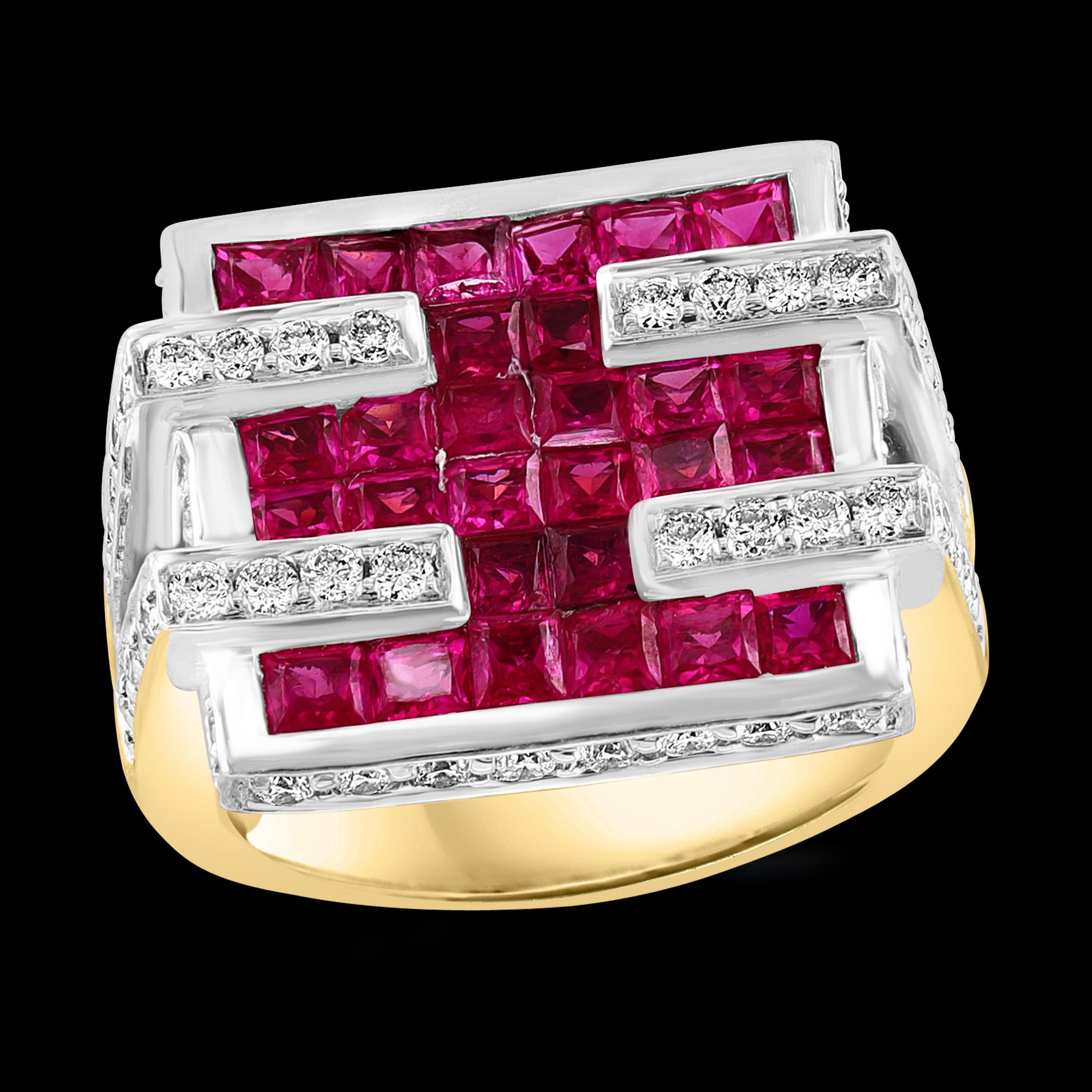Diamonds & Princess Cut Invisible Set Rubies Men's Ring 18 Karat 2Tone Gold Ring
Invisible or Mystery set  Princess cut  Natural  Ruby  And  Diamond  ring in 18 K  Yellow  and white Gold  . 
perfect Ring for men  made in  18 Karat  gold . 
Simple