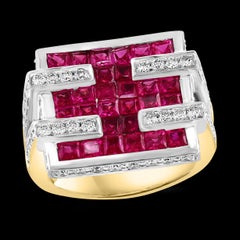 Diamonds & Princess Cut Invisible Set Rubies Men's Ring 18 Karat 2Tone Gold Ring