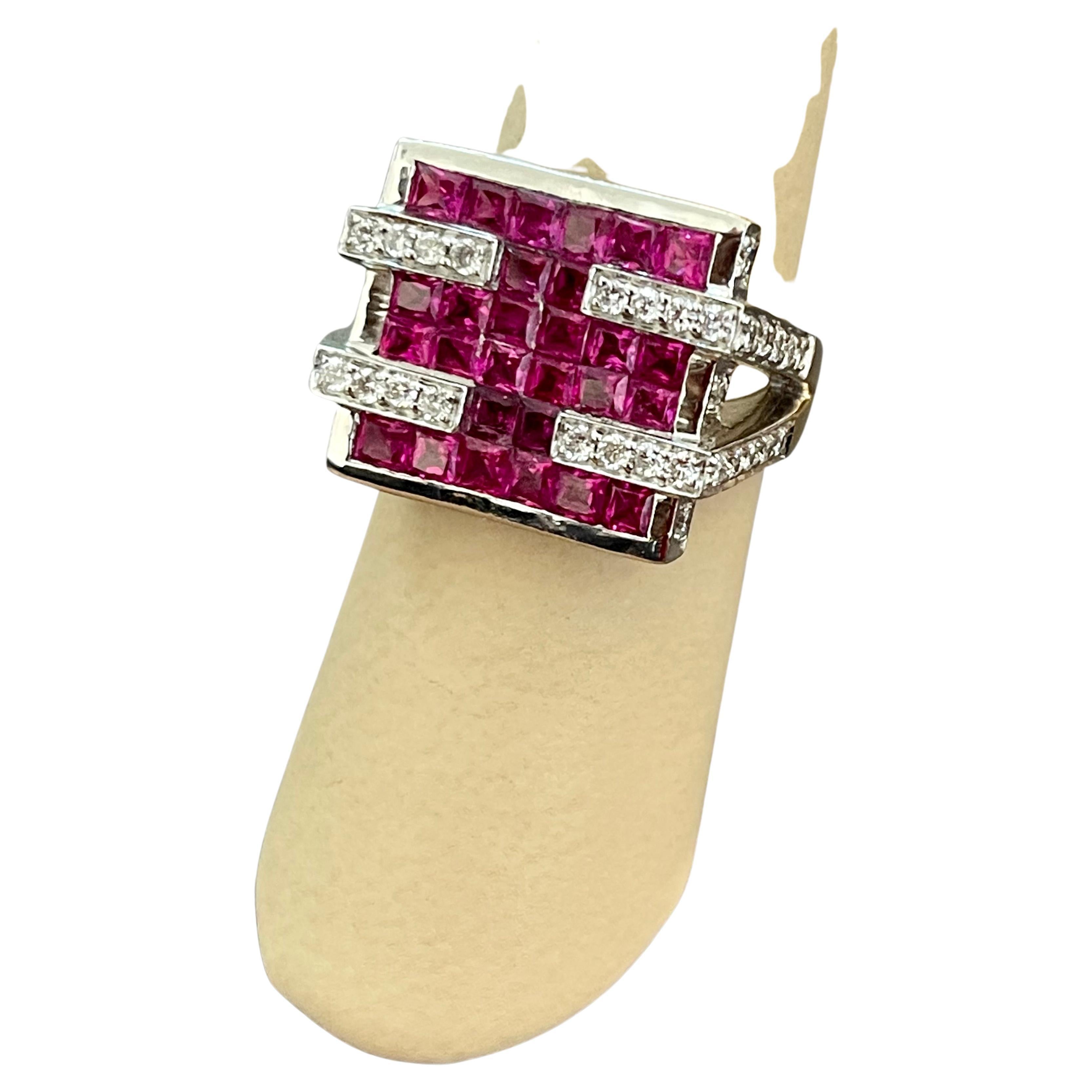Women's or Men's Diamonds & Princess Cut Invisible Set Rubies Men's Ring 18 Karat 2Tone Gold Ring For Sale