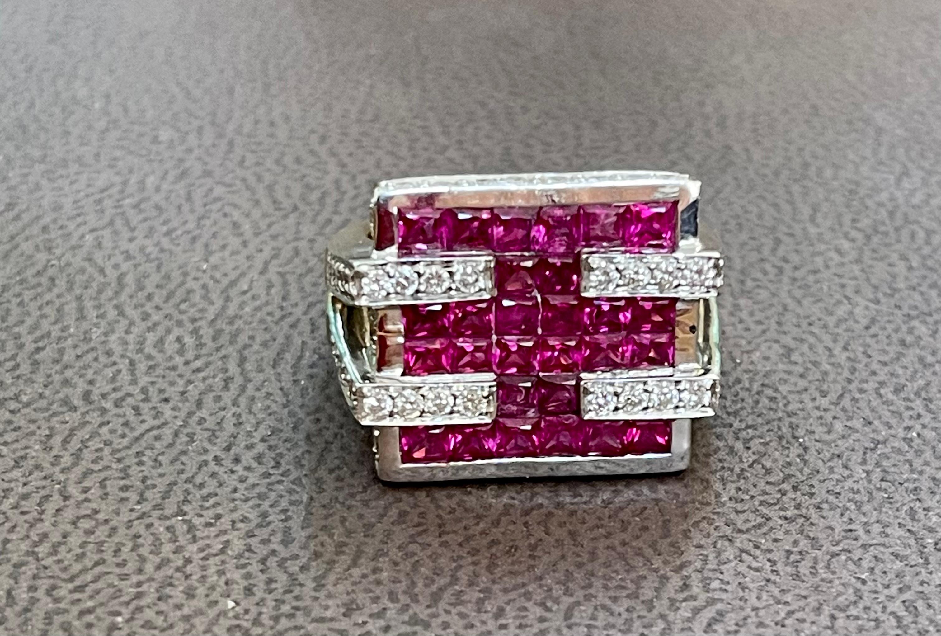 Diamonds & Princess Cut Invisible Set Rubies Men's Ring 18 Karat 2Tone Gold Ring For Sale 1