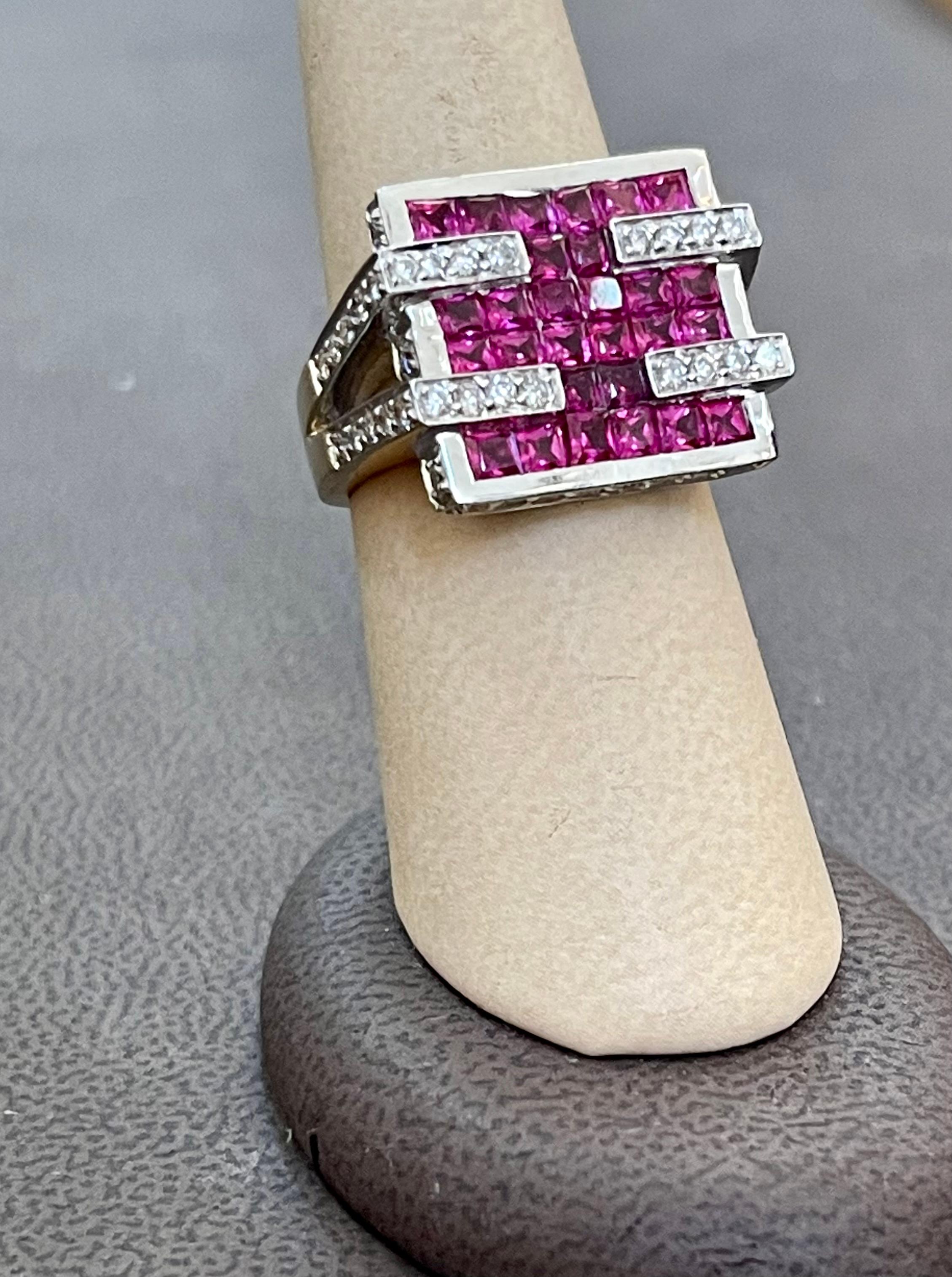 Diamonds & Princess Cut Invisible Set Rubies Men's Ring 18 Karat 2Tone Gold Ring For Sale 3
