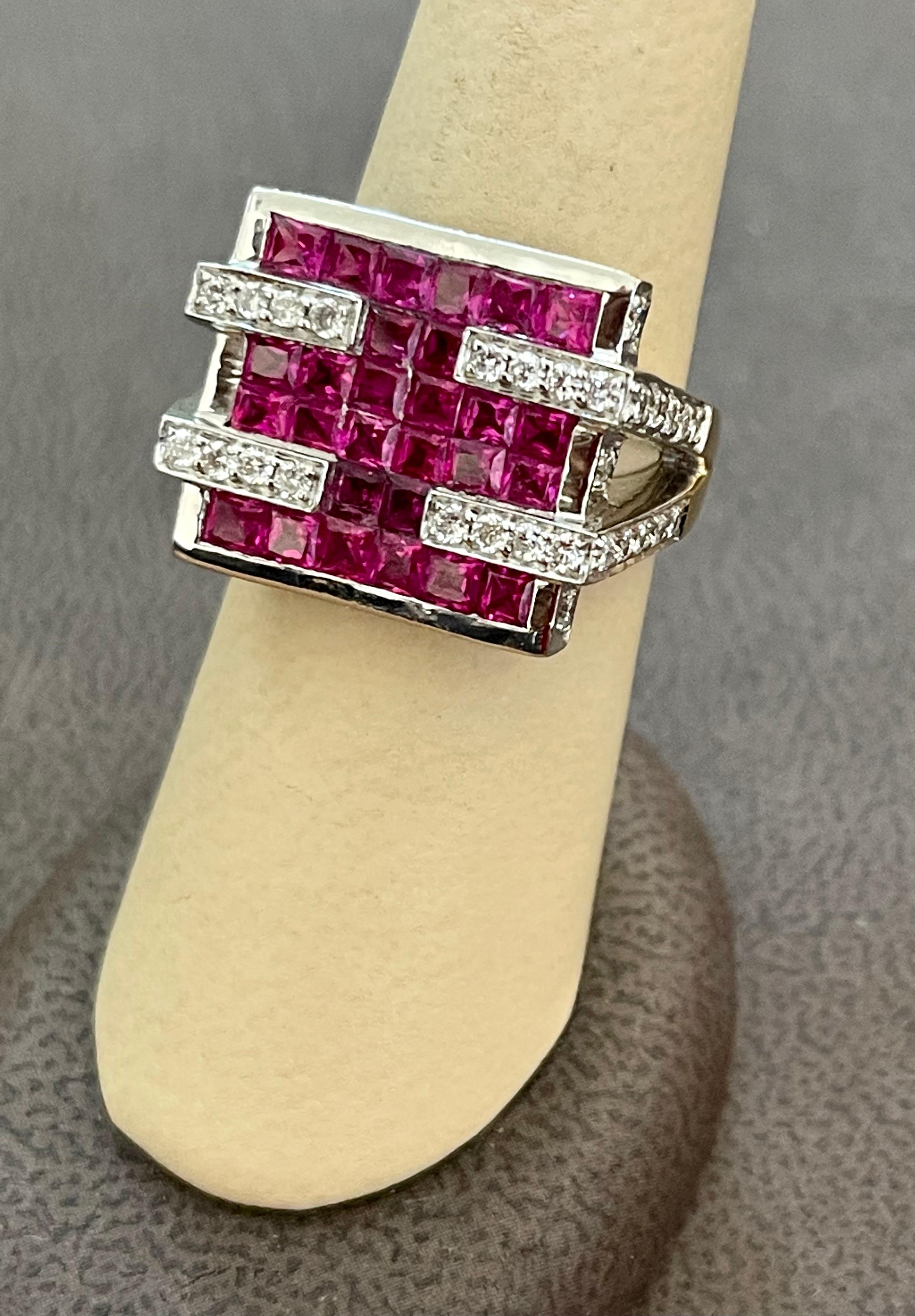 Diamonds & Princess Cut Invisible Set Rubies Men's Ring 18 Karat 2Tone Gold Ring For Sale 4