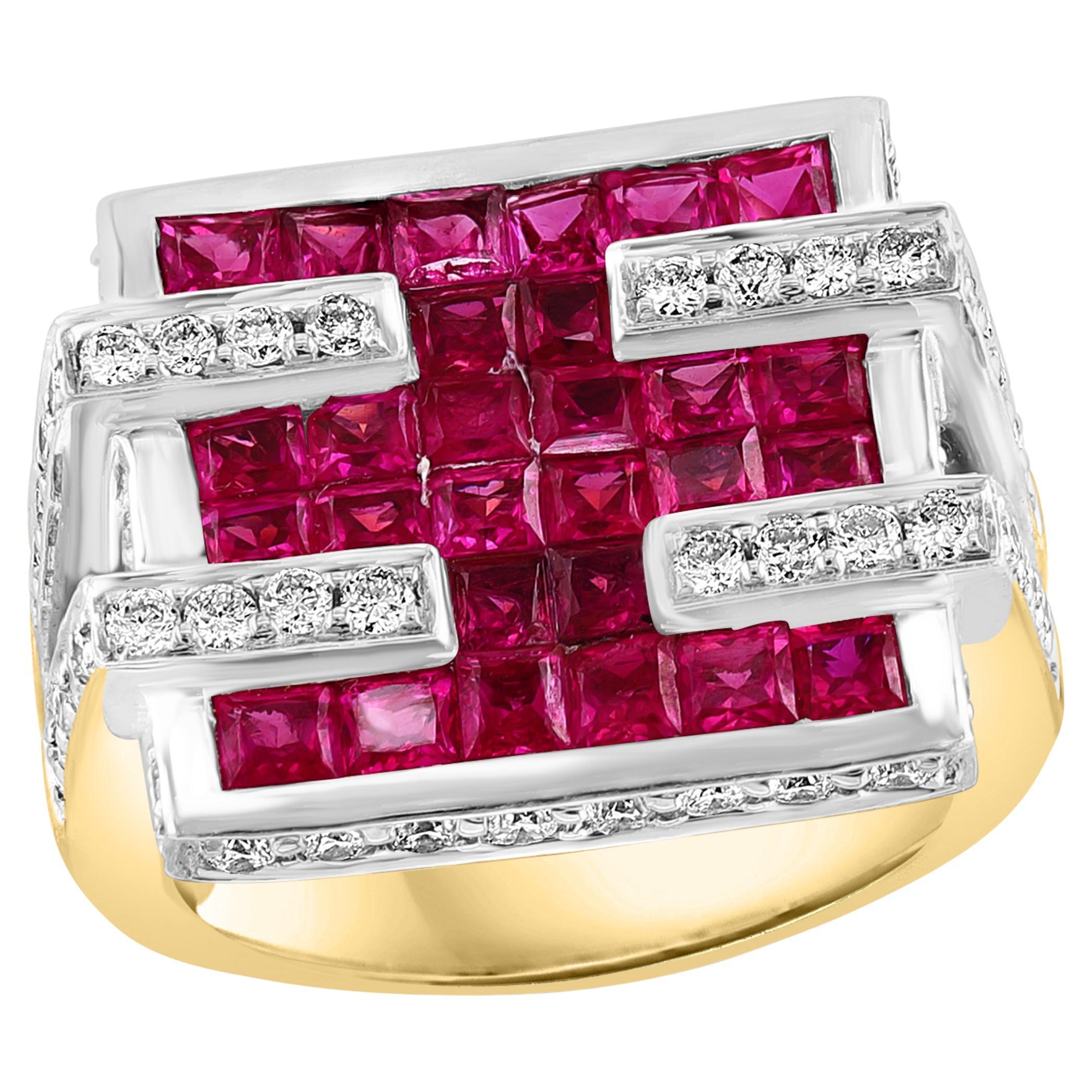 Diamonds & Princess Cut Invisible Set Rubies Men's Ring 18 Karat 2Tone Gold Ring For Sale