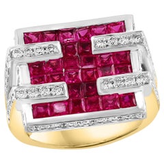 Diamonds & Princess Cut Invisible Set Rubies Men's Ring 18 Karat 2Tone Gold Ring