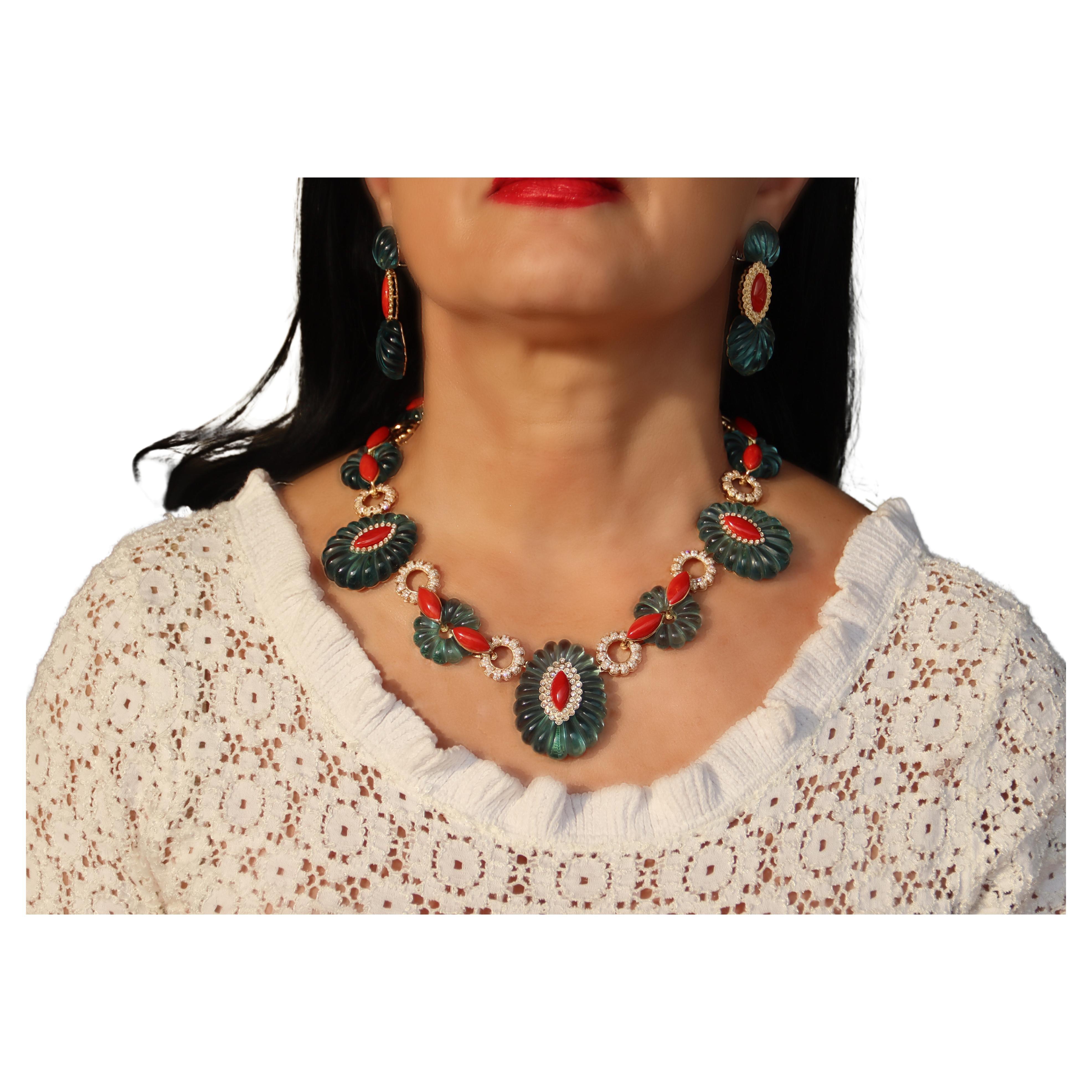 Diamonds Quartz Coral Yellow Gold 18 Karat Parure Necklace and Earrings