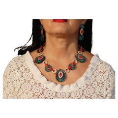Diamonds Quartz Coral Yellow Gold 18 Karat Parure Necklace and Earrings