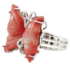 Diamonds, Red Coral, White Gold Butterfly Design Fashion Ring