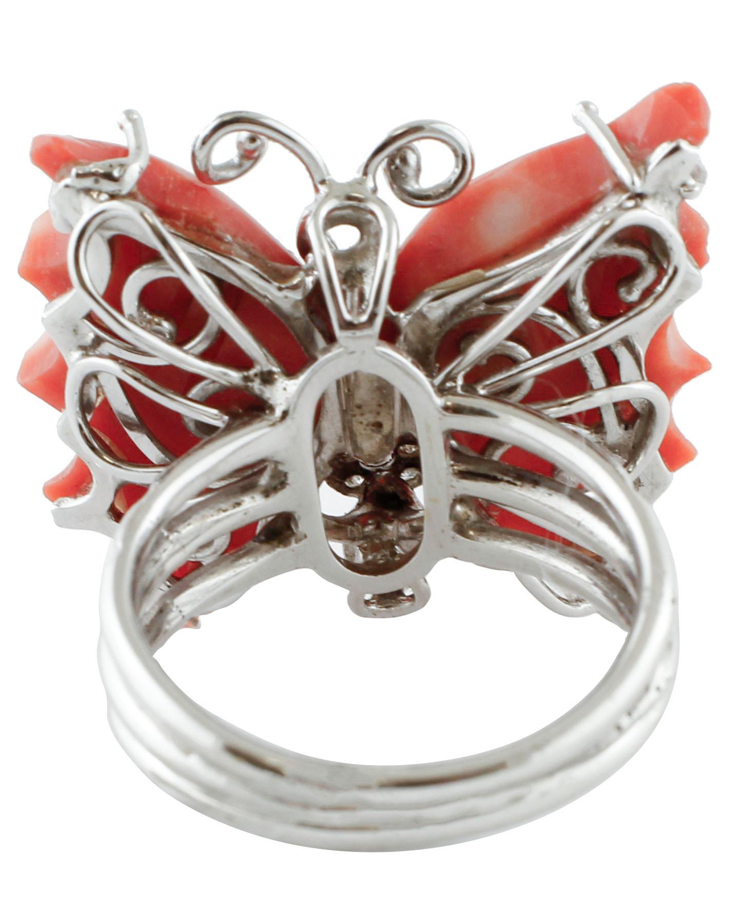Retro Diamonds, Red Coral, White Gold Butterfly Design Fashion Ring For Sale