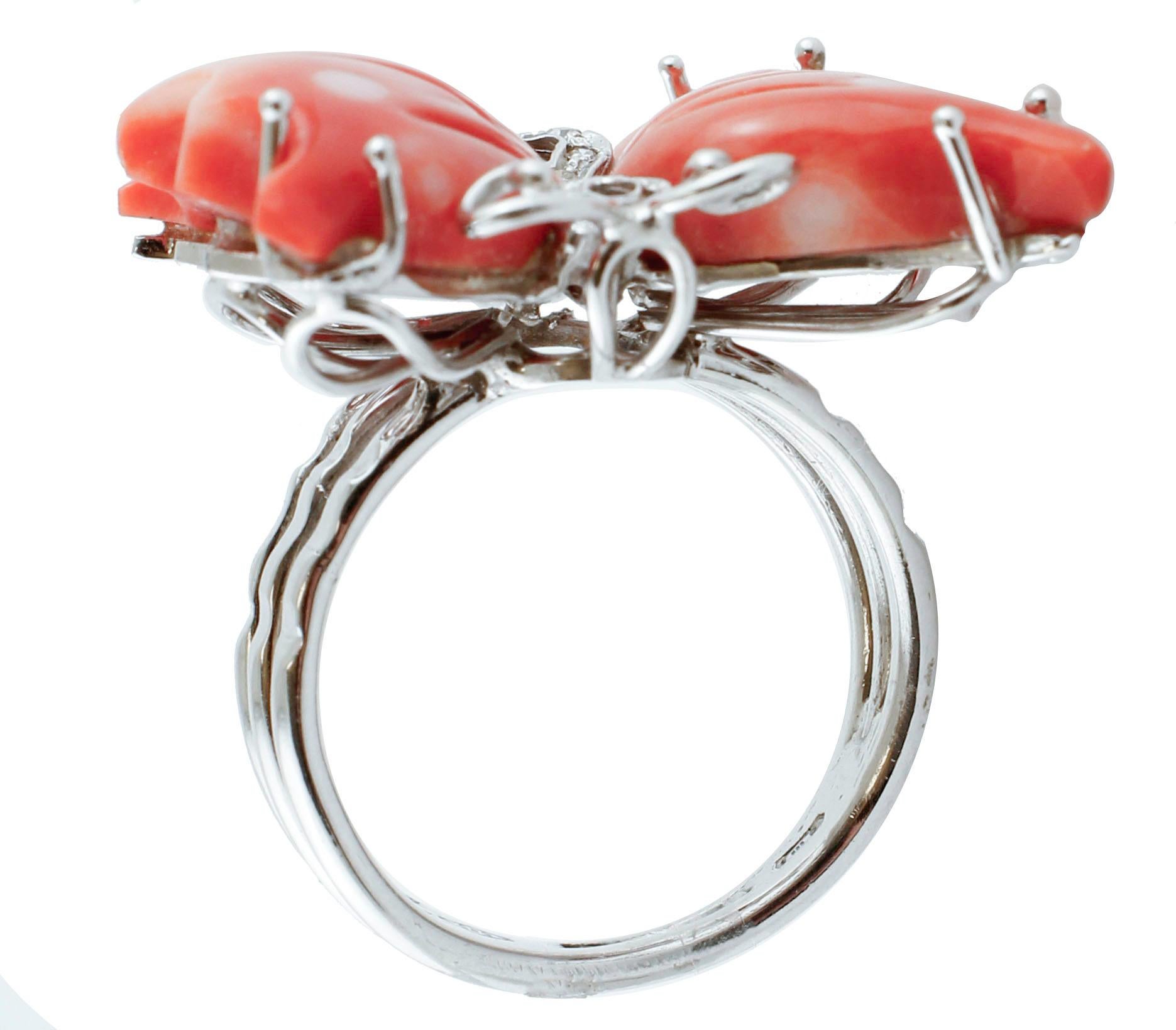 Mixed Cut Diamonds, Red Coral, White Gold Butterfly Design Fashion Ring For Sale