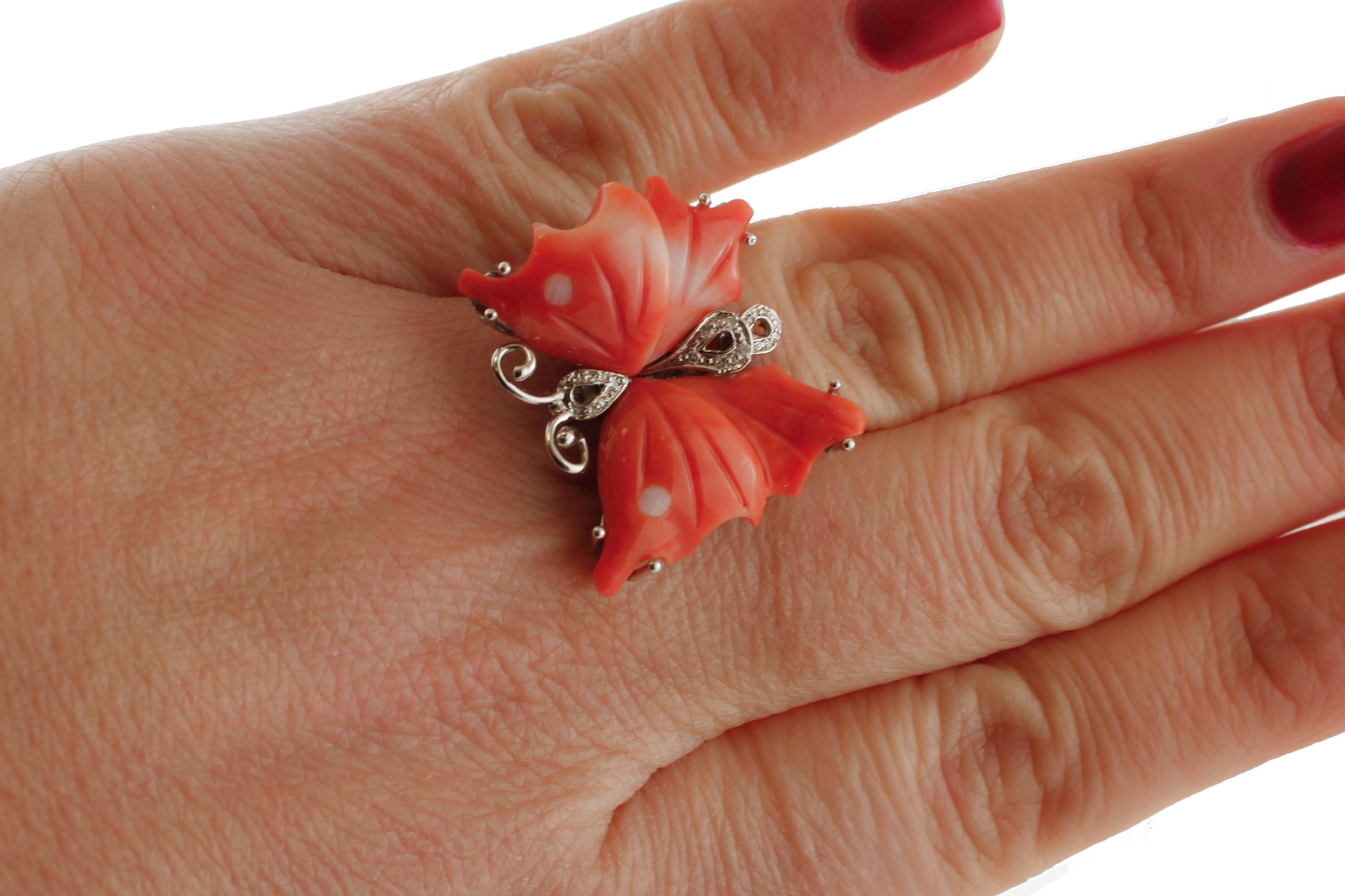 Women's Diamonds, Red Coral, White Gold Butterfly Design Fashion Ring For Sale