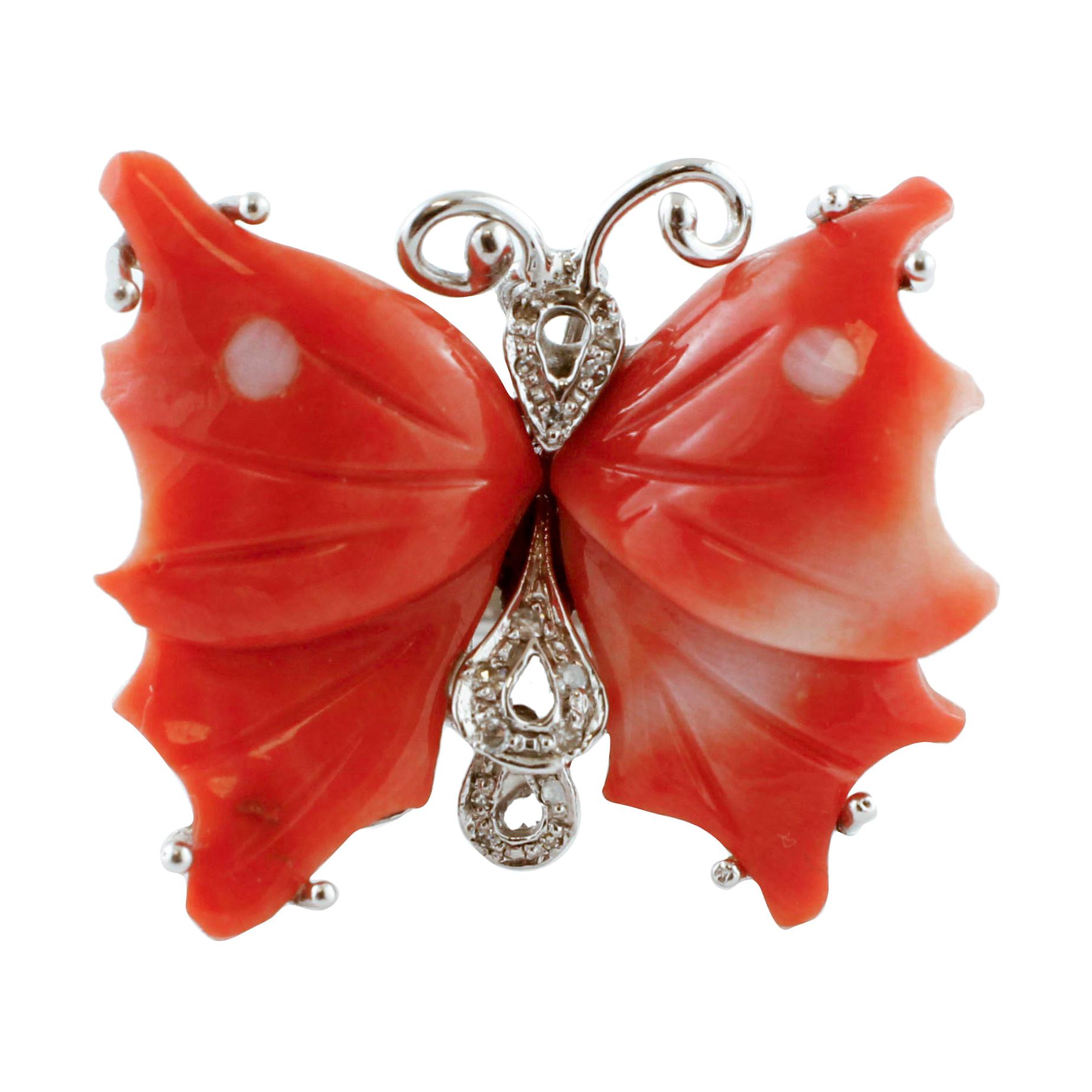 Diamonds, Red Coral, White Gold Butterfly Design Fashion Ring For Sale