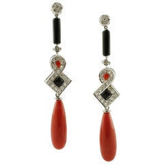 Diamonds, Red Corals and Drops, Onyx, 14 Karat White Gold Dangle Earrings