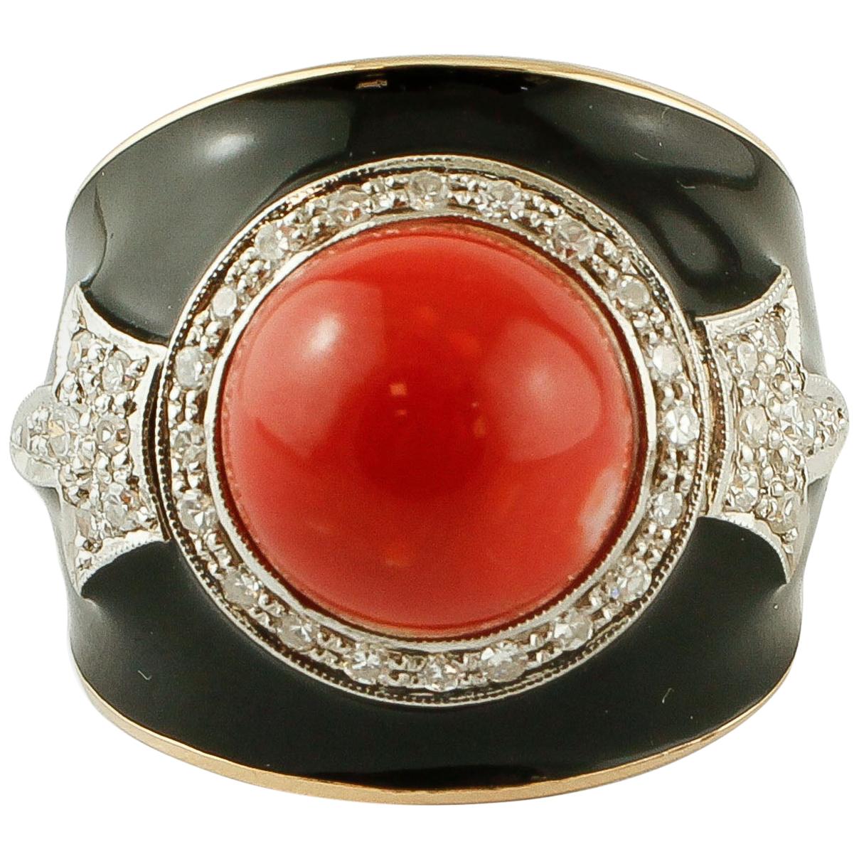 Diamonds, Red Rubrum Coral, Enamel, 14 Karat Yellow and White Gold, Vintage Ring