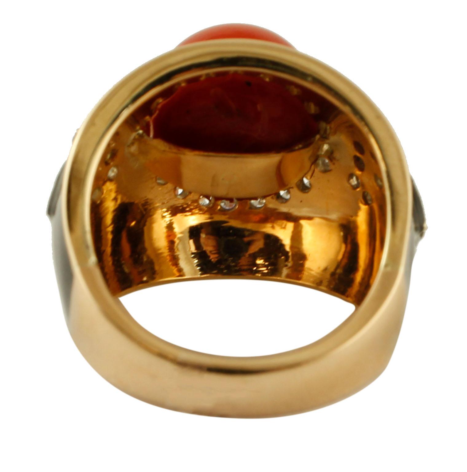 Mixed Cut Diamonds, Red Rubrum Coral, Enamel, 14 Karat Yellow and White Gold, Vintage Ring