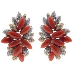 Diamonds, Red Stones Drops, White and Rose Gold Clip-On Retrò Earrings