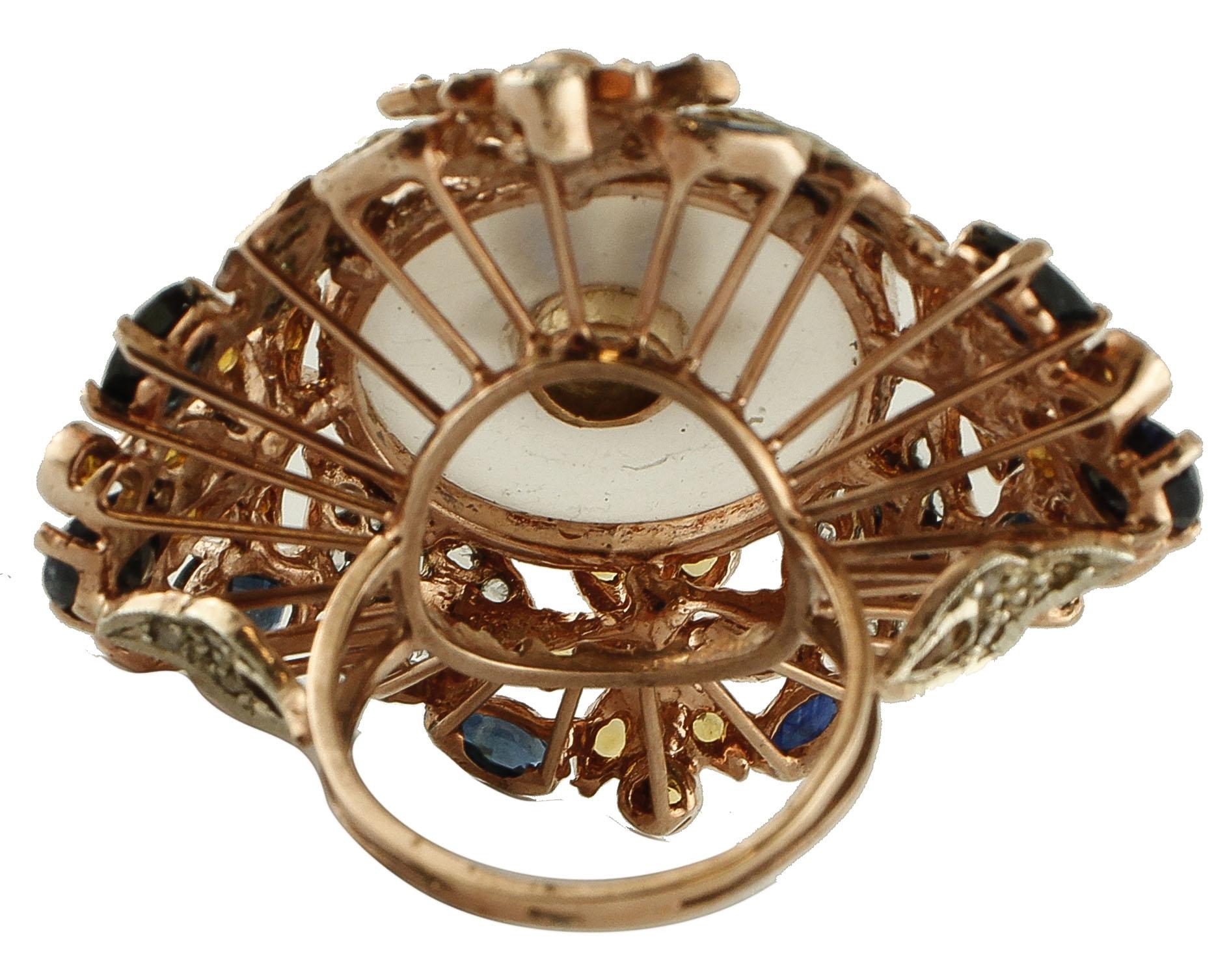 Retro Diamonds, Rock Crystal, Blue and Yellow Sapphires, 9 Karat Gold and Silver Ring