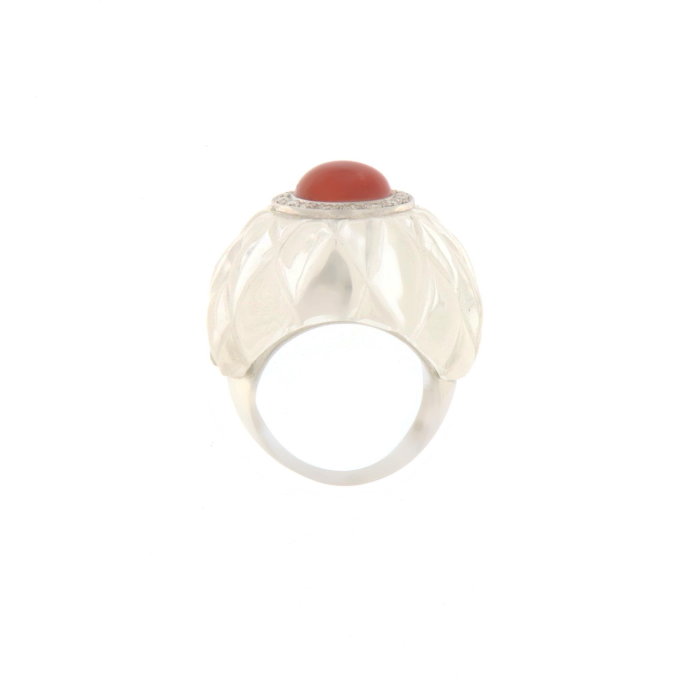 Artisan Diamonds Rock Crystal Coral 18 Karat White Gold Cocktail Ring For Sale