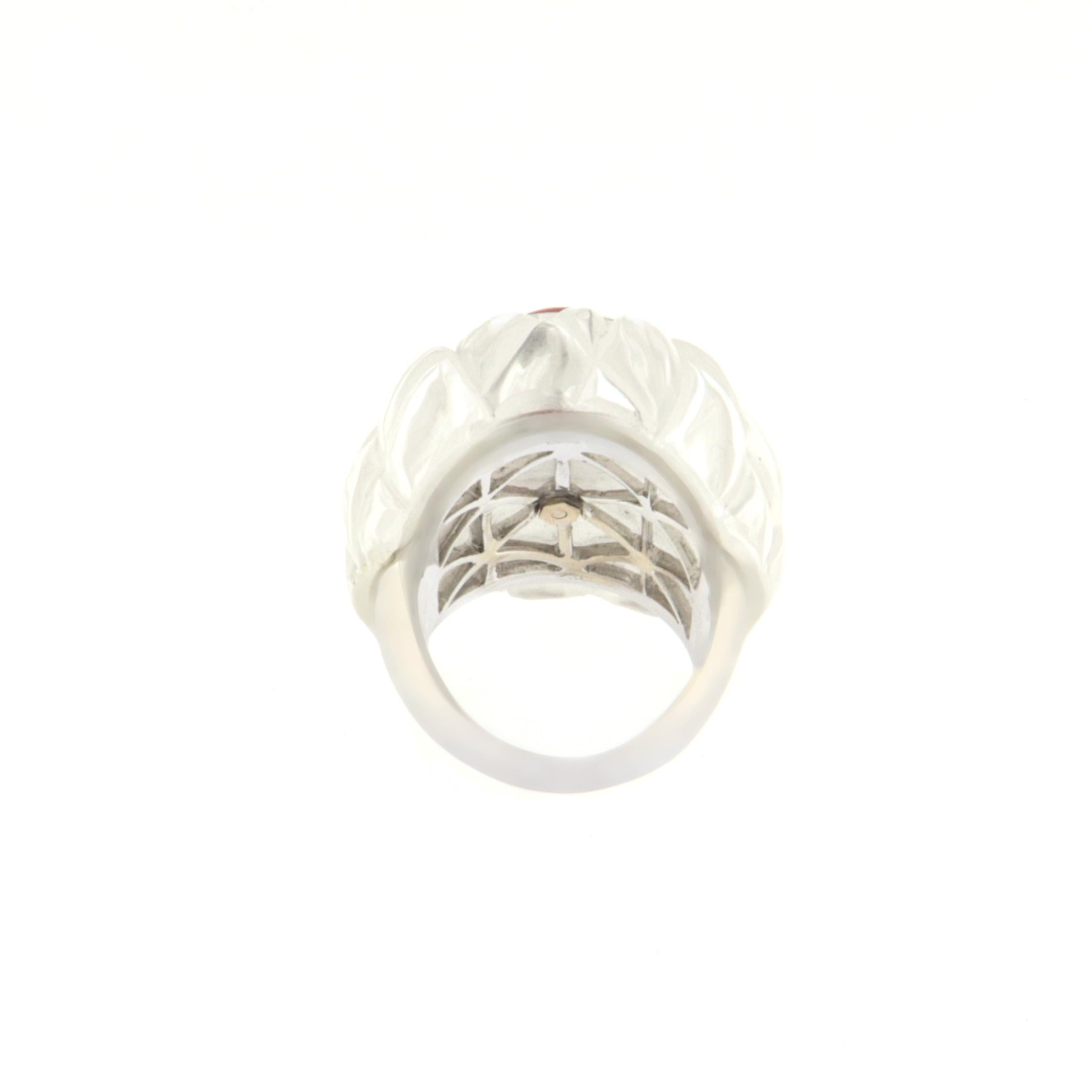 Brilliant Cut Diamonds Rock Crystal Coral 18 Karat White Gold Cocktail Ring For Sale