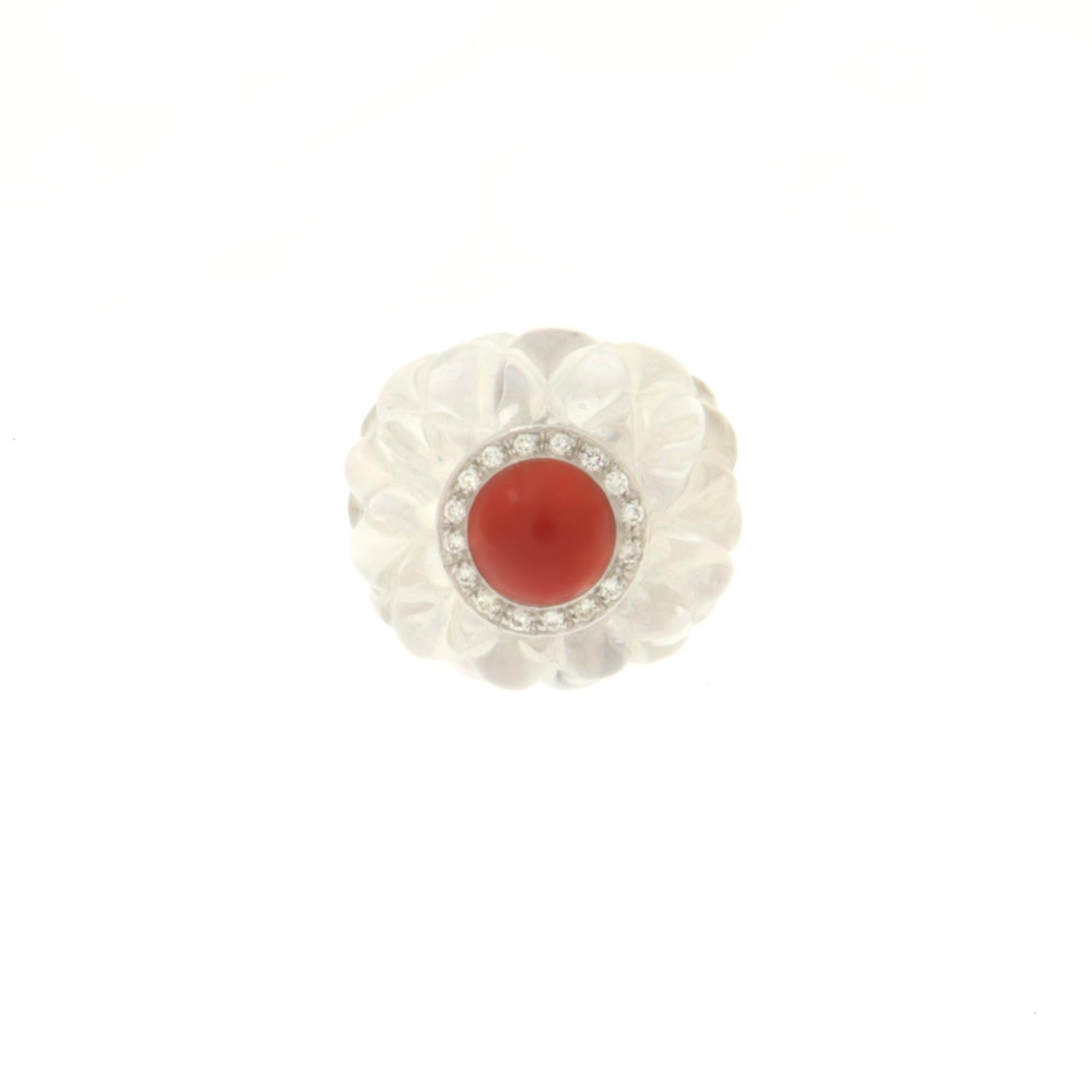 Diamonds Rock Crystal Coral 18 Karat White Gold Cocktail Ring In New Condition For Sale In Marcianise, IT
