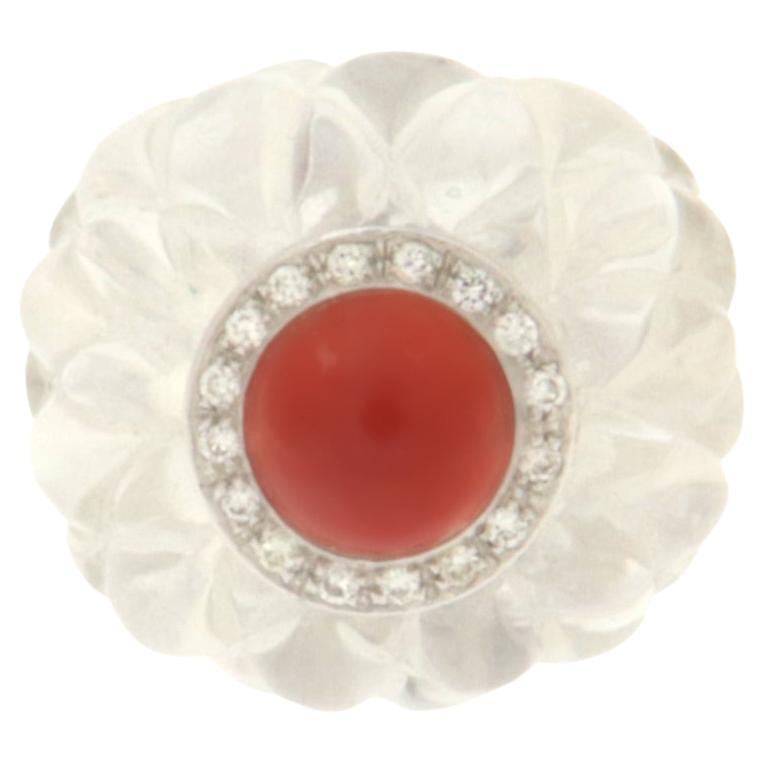 Diamonds Rock Crystal Coral 18 Karat White Gold Cocktail Ring For Sale