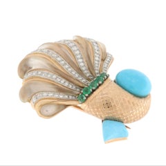Diamonds Rock Crystal Emeralds Turquoise 18 Carat Yellow Gold Cornucopia Brooch