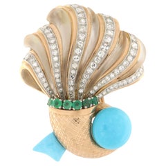 Diamonds Rock Crystal Emeralds Turquoise 18 Kt Yellow Gold Cornucopia Brooch