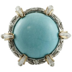Diamonds, Rock Crystal, Turquoise, White and Rose Gold Cocktail Retrò Ring