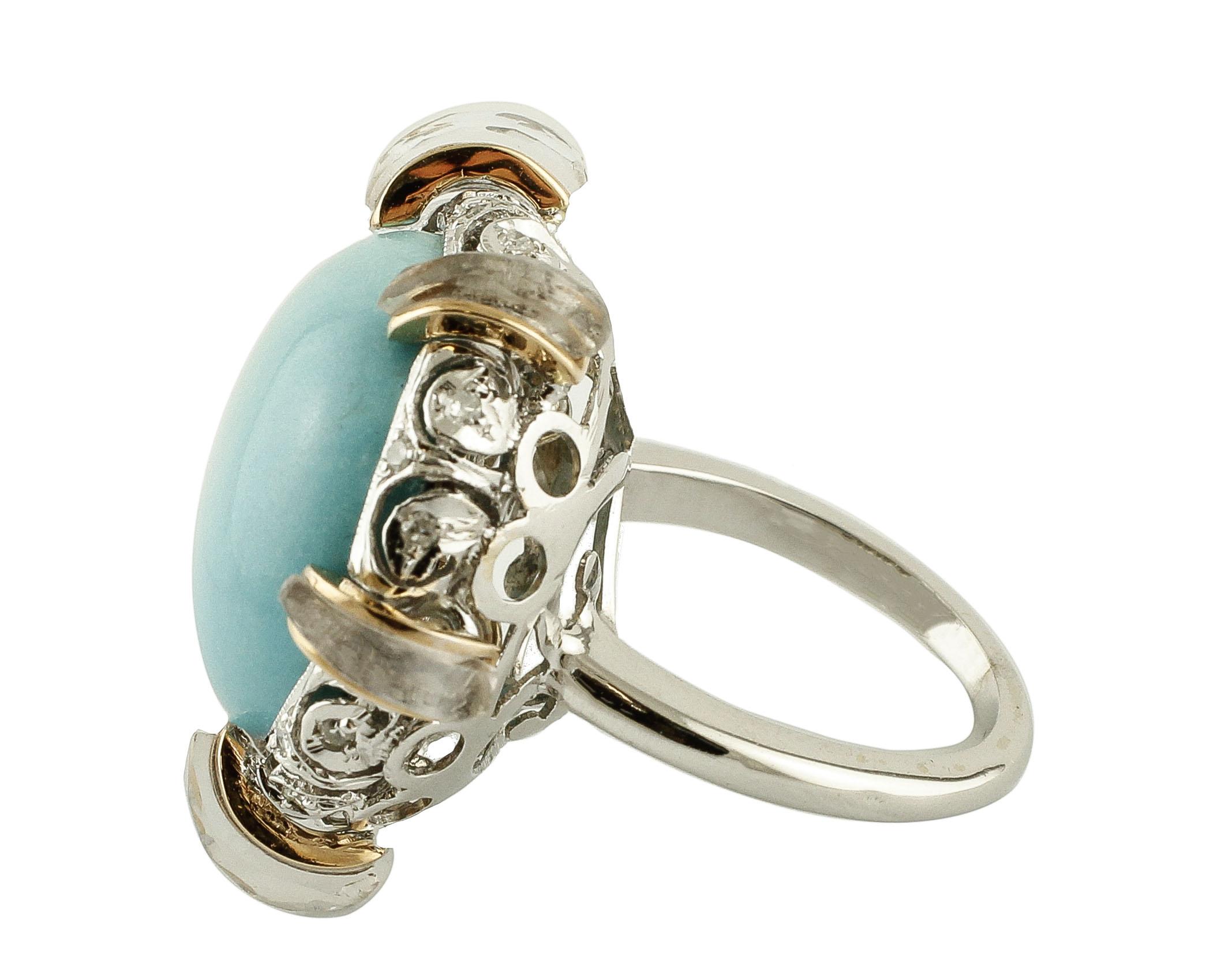 Retro Diamonds, Rock Crystal, Turquoise, White and Rose Gold Cocktail Retrò Ring For Sale