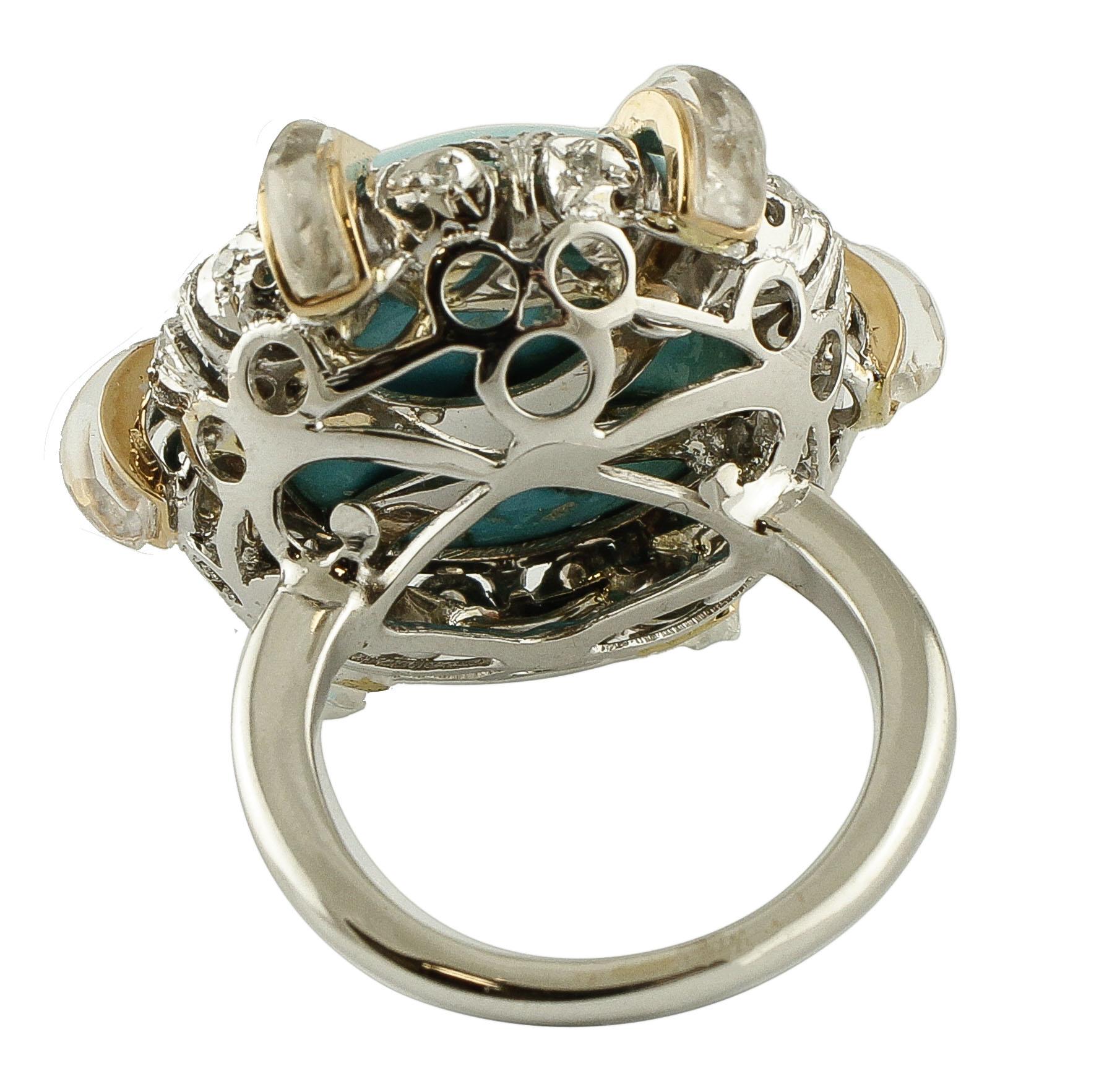 Mixed Cut Diamonds, Rock Crystal, Turquoise, White and Rose Gold Cocktail Retrò Ring For Sale