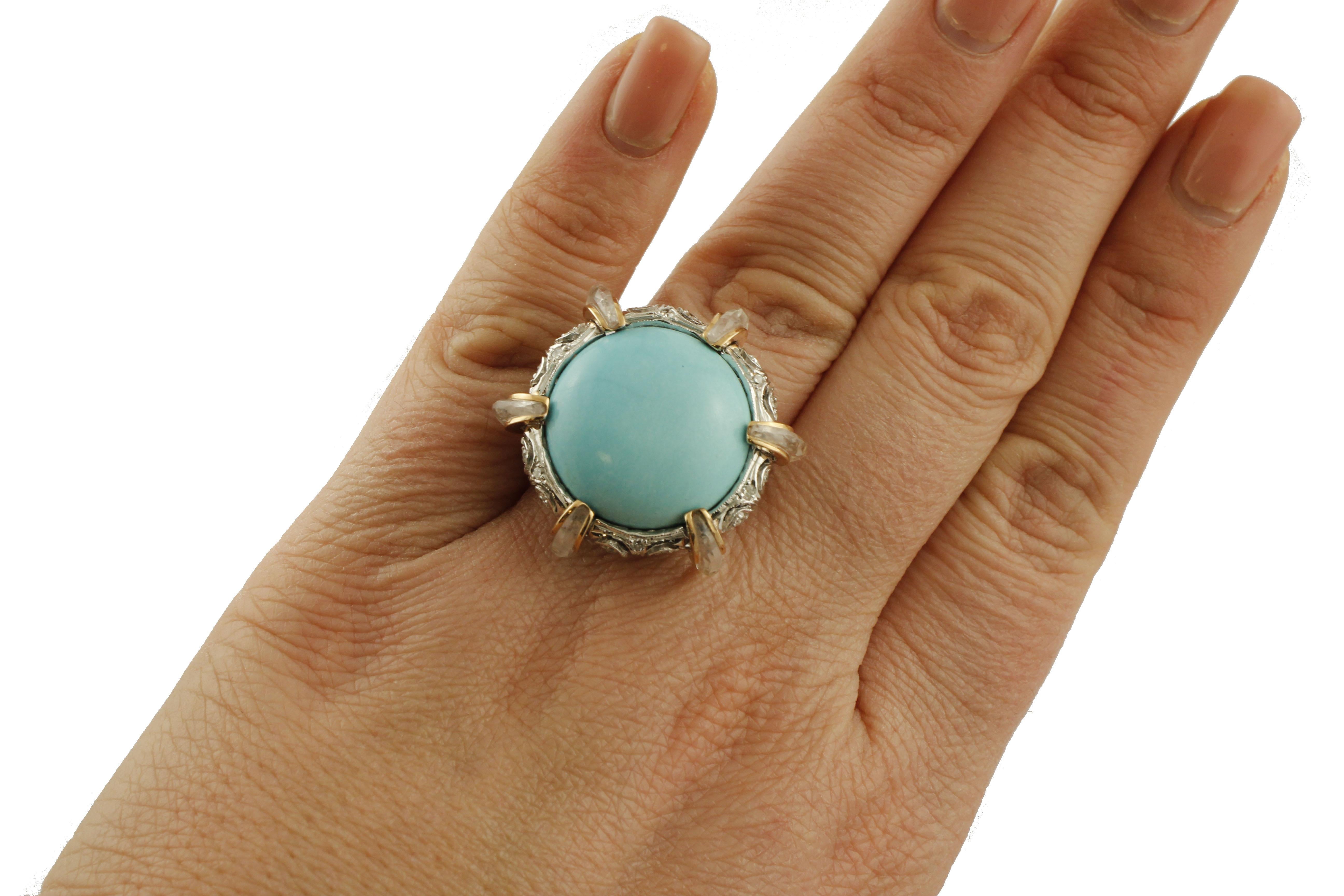 Women's Diamonds, Rock Crystal, Turquoise, White and Rose Gold Cocktail Retrò Ring For Sale