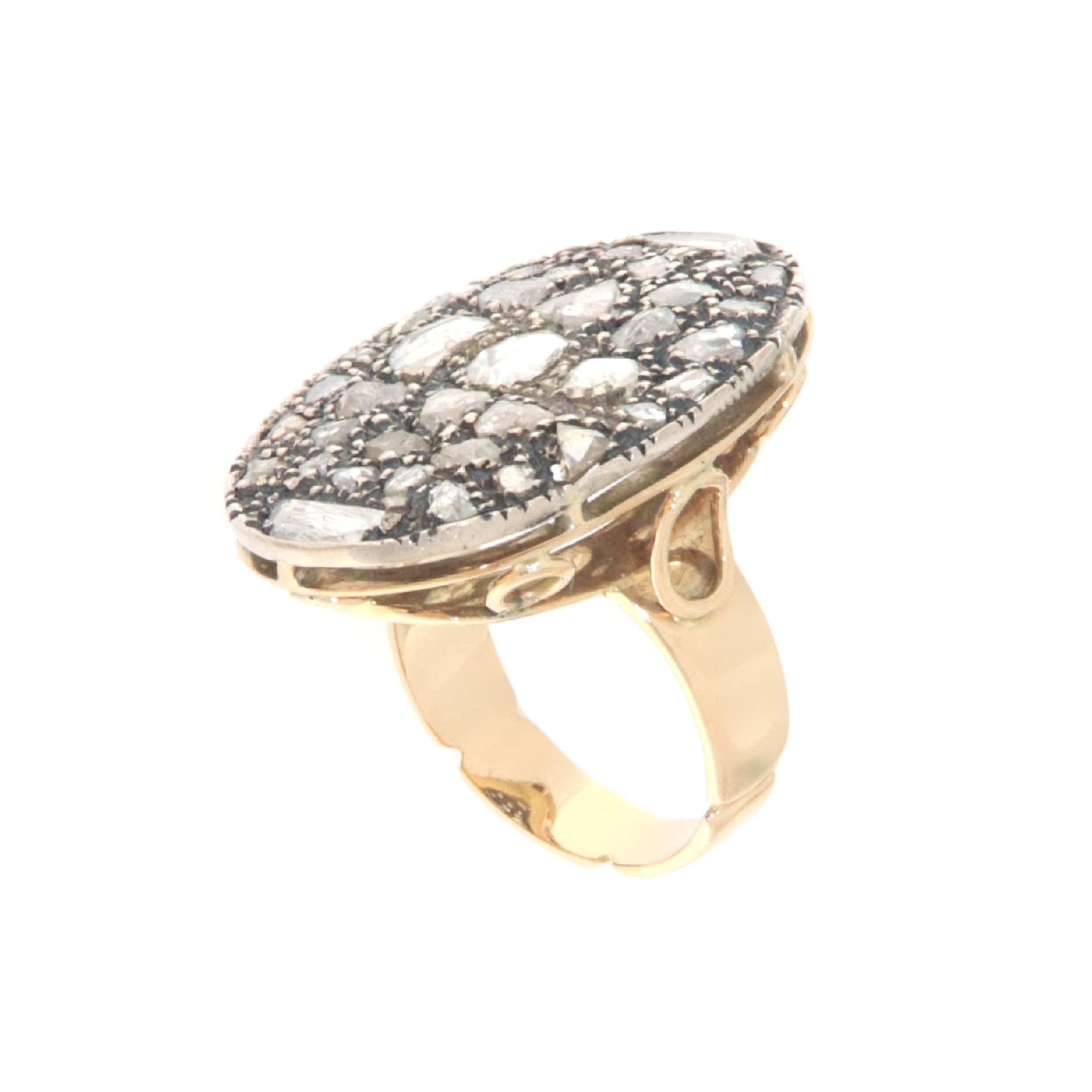 Retro Diamonds Rose Cut Yellow Gold 14 Karat Cocktail Ring For Sale