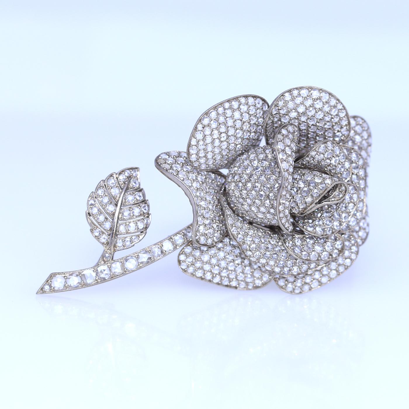 Diamonds Rose Flower Ring Brooch Transformer 18k White Gold Featured Mag, 1950 3