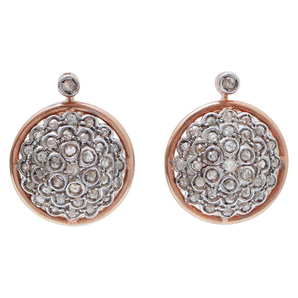 Diamonds, Rose Gold and Silver Earrings. For Sale