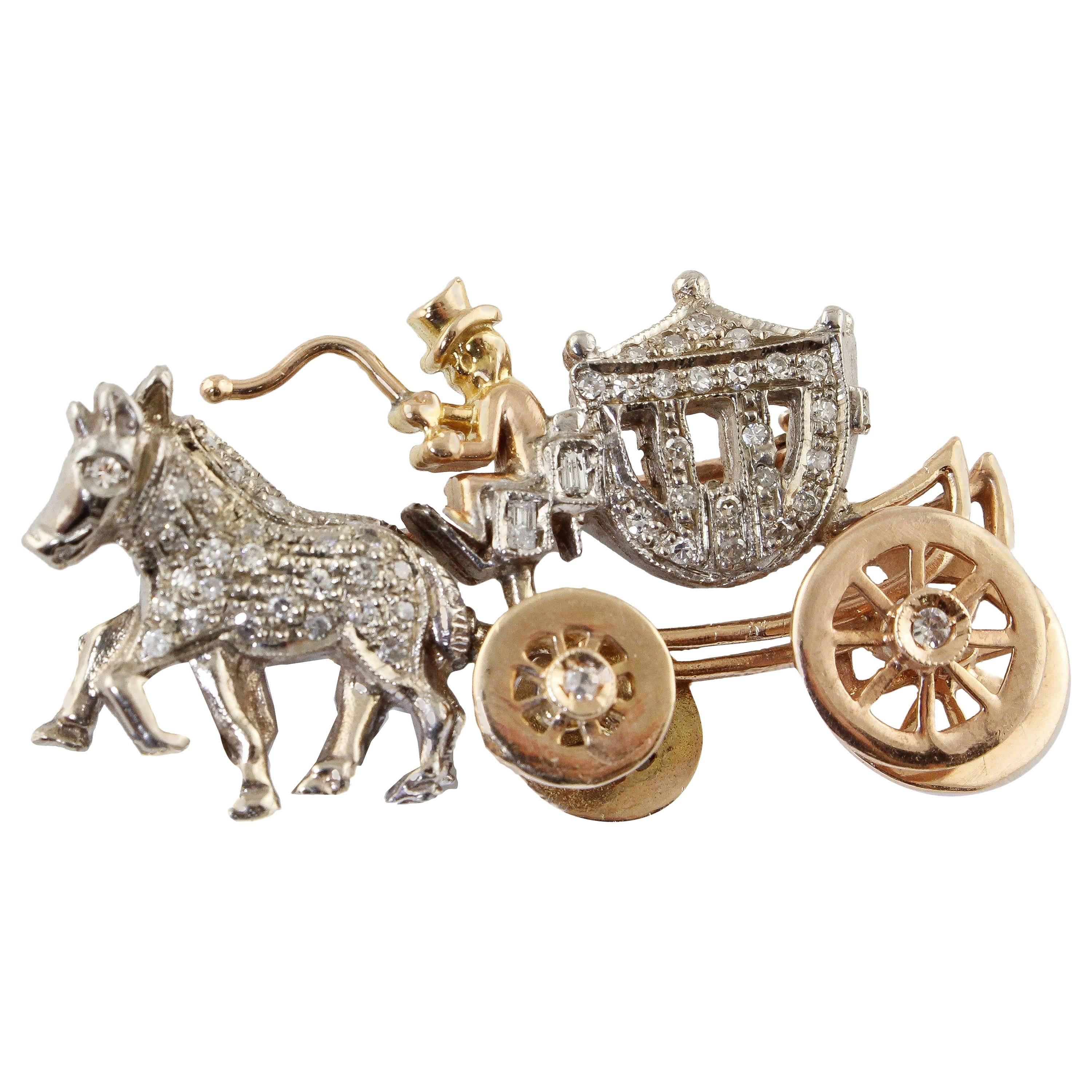 Diamonds Rose Gold and White Gold Carriage Brooch
