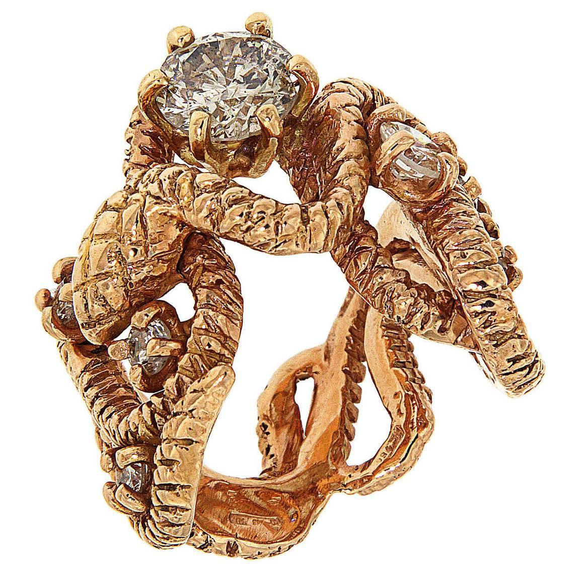 Diamonds Rose 18K Gold Snake Ring Handcrafted In Italy By Botta Gioielli