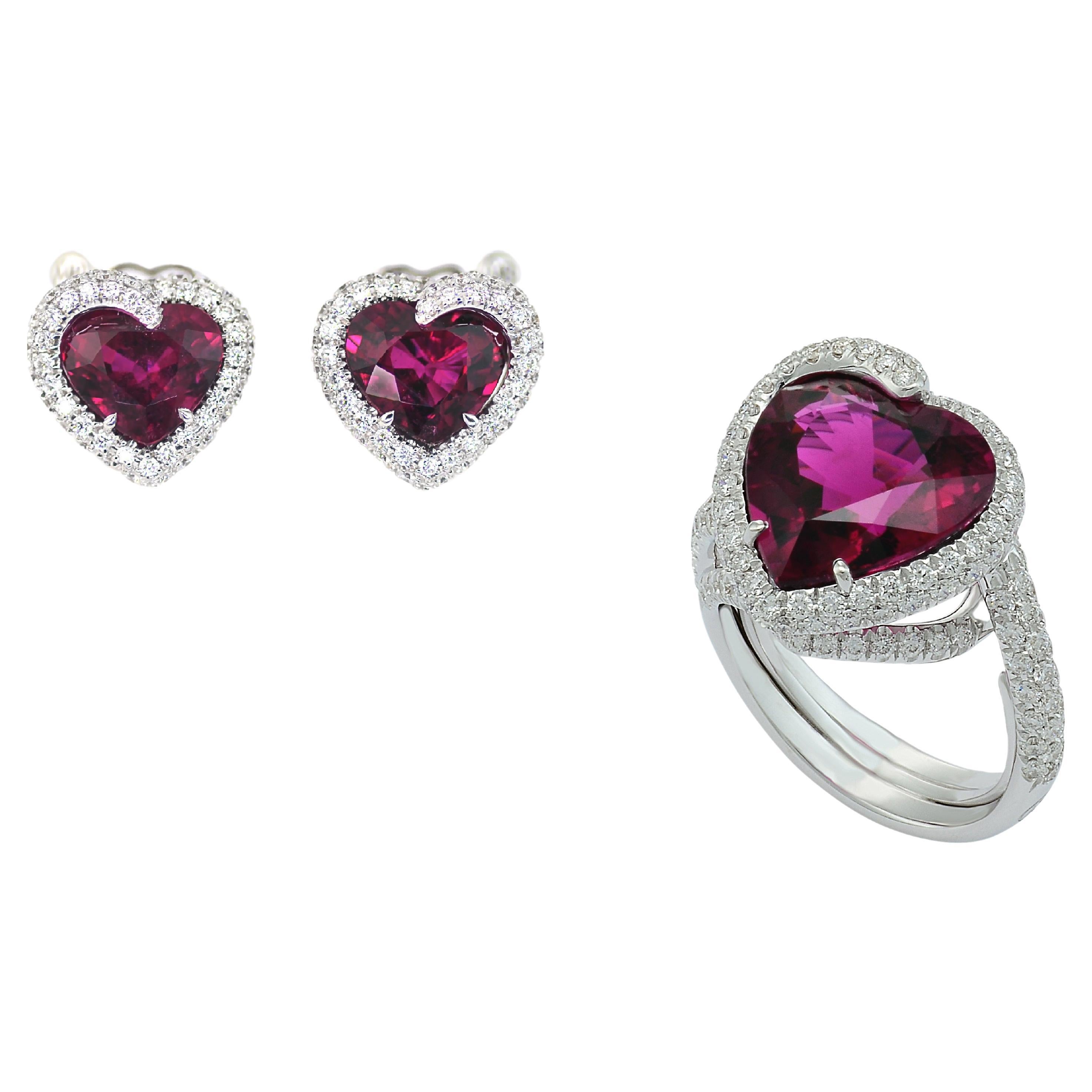 Diamonds Rubellite Tourmaline 18 Karat White Gold Heart Demi-Parure