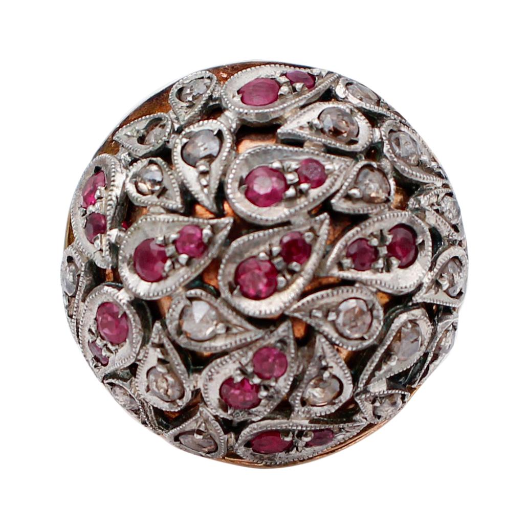 Diamants, rubis, bague à dôme en or rose 14 carats et en argent