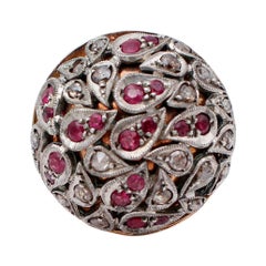Vintage Diamonds, Rubies, 14 Karat Rose Gold and Silver Dome Ring