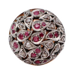 Retro Diamonds, Rubies, 14 Karat Rose Gold and Silver Dome Ring