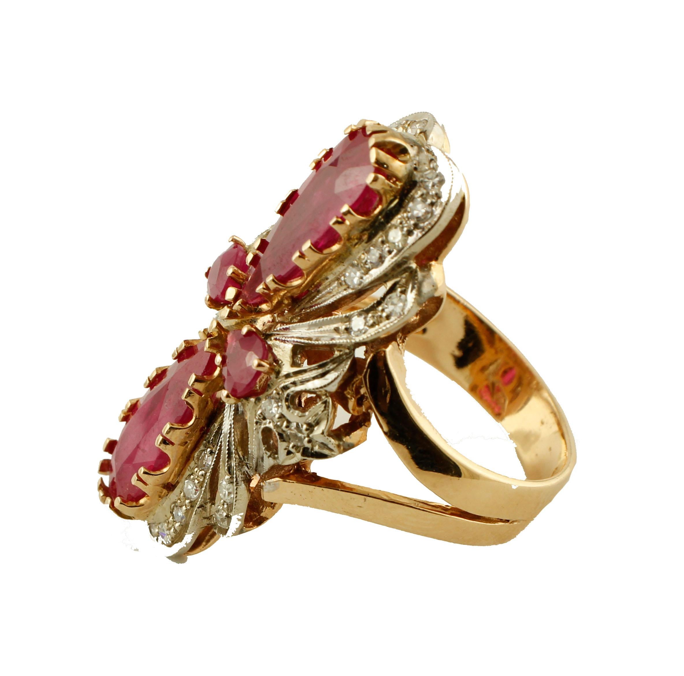 Elegant vintage ring in 14 kt white and rose gold structure, realized with 4 intense rubies framed by a white gold structure studded with diamonds.
This ring is totally handmade by Italian master goldsmiths.
Diamonds 0.61 ct
Rubies 6.36 ct
Ring Head