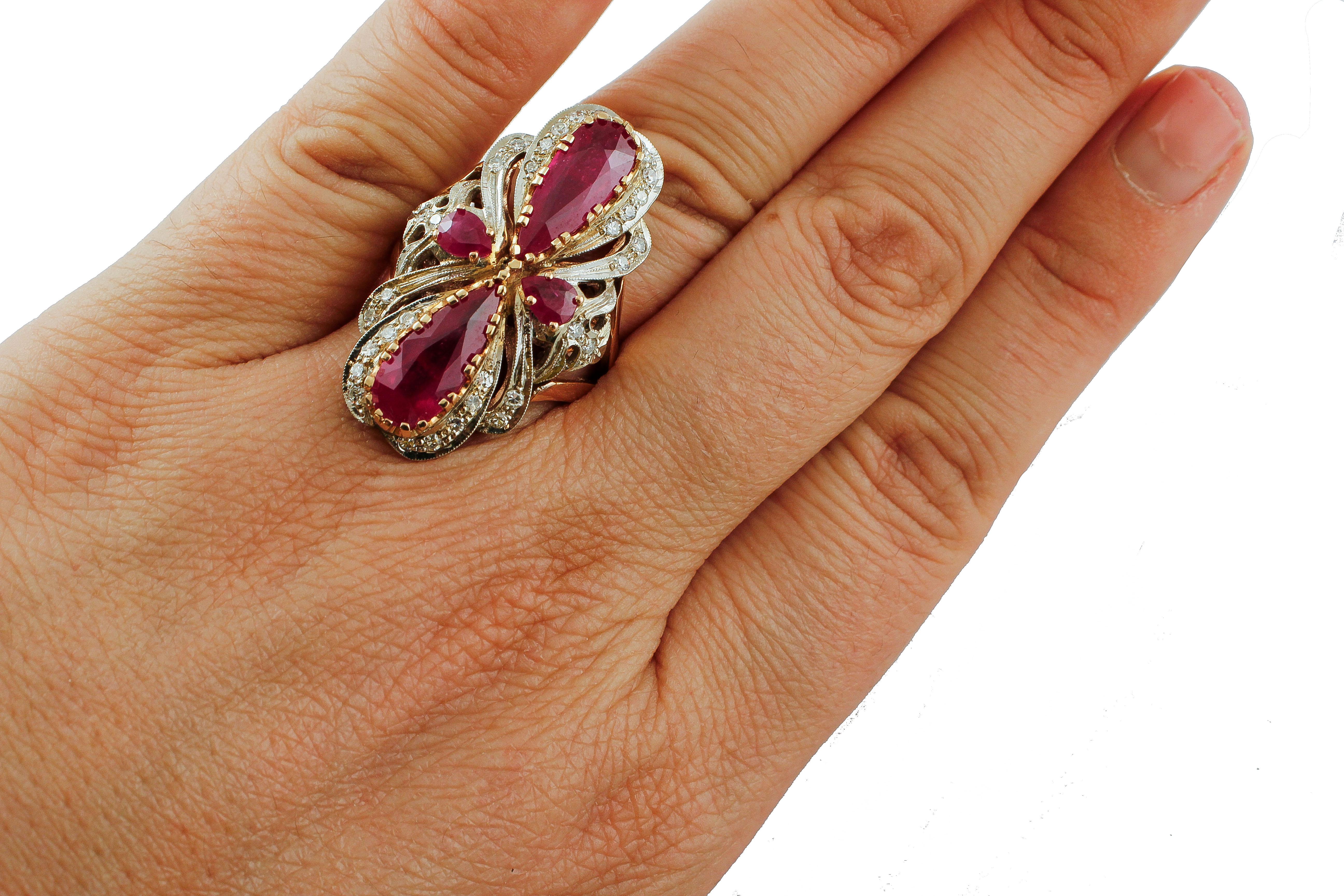 Women's Diamonds, Rubies, 14 Karat White and Rose Gold Vintage Ring For Sale