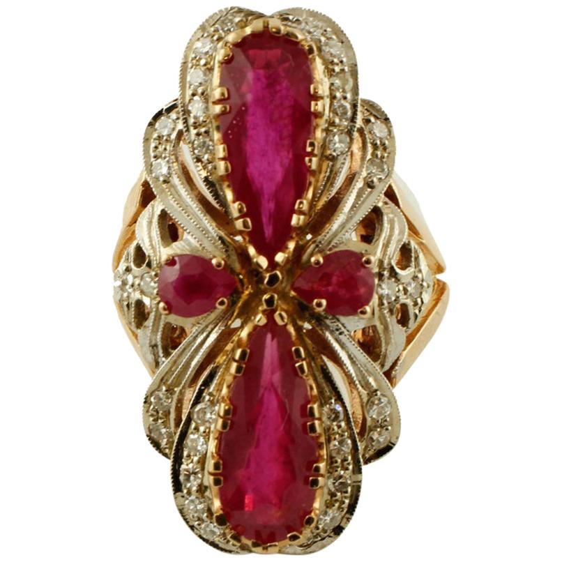 Diamonds, Rubies, 14 Karat White and Rose Gold Vintage Ring For Sale