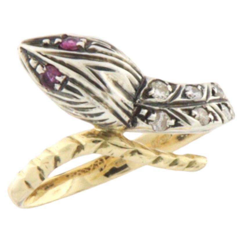 Diamonds Rubies 14 Karat Yellow Gold and Silver Snake Cocktail Ring
