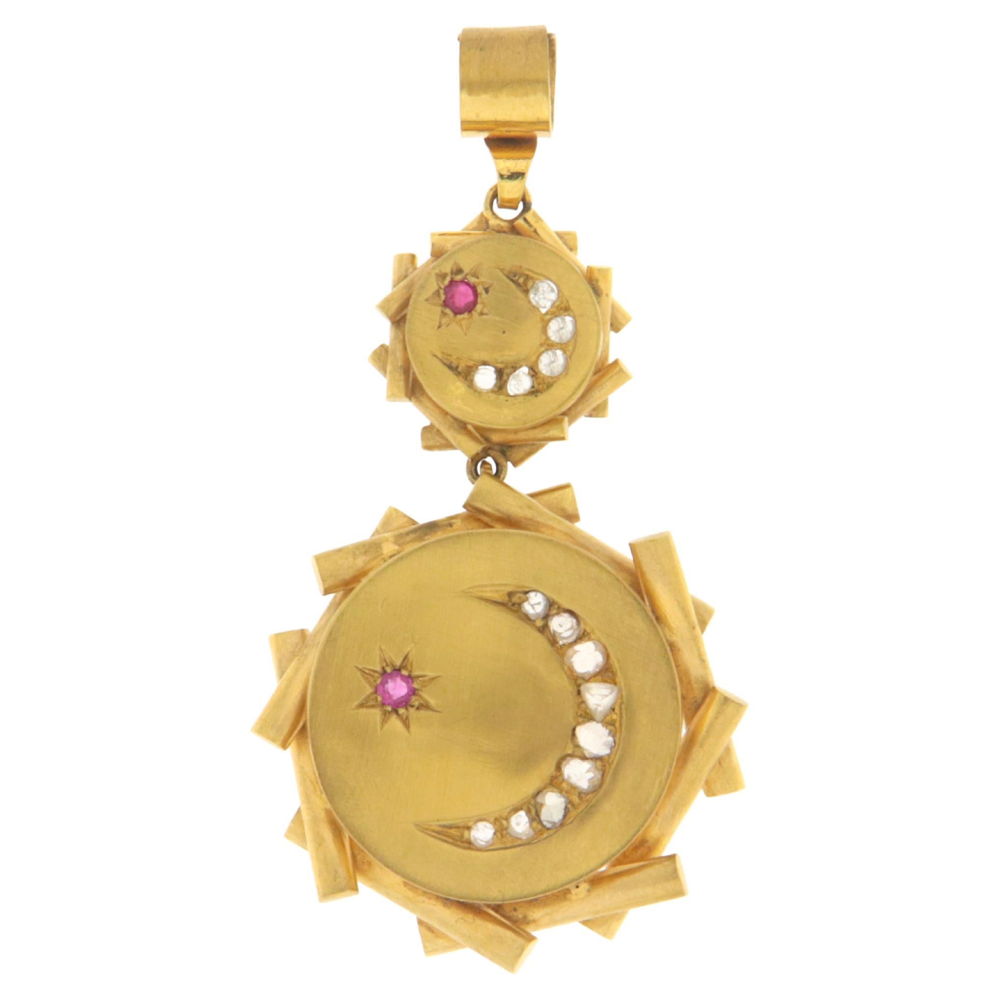 Diamonds Rubies 14 Karat Yellow Gold Antique Pendant Necklace