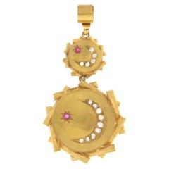 Diamonds Rubies 14 Karat Yellow Gold Antique Pendant Necklace