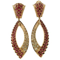 Diamonds, Rubies, 14 Karat Yellow Gold Shiny Dangle Earrings