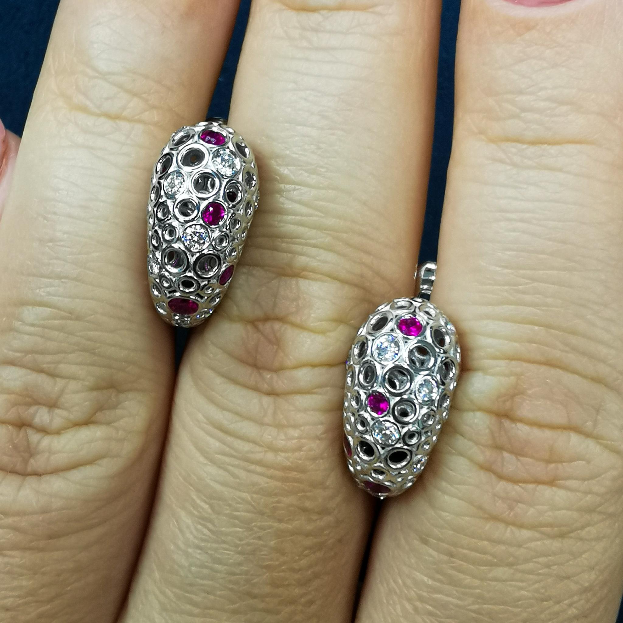 Round Cut Diamonds Rubies 18 Karat White Gold Bubble Earrings