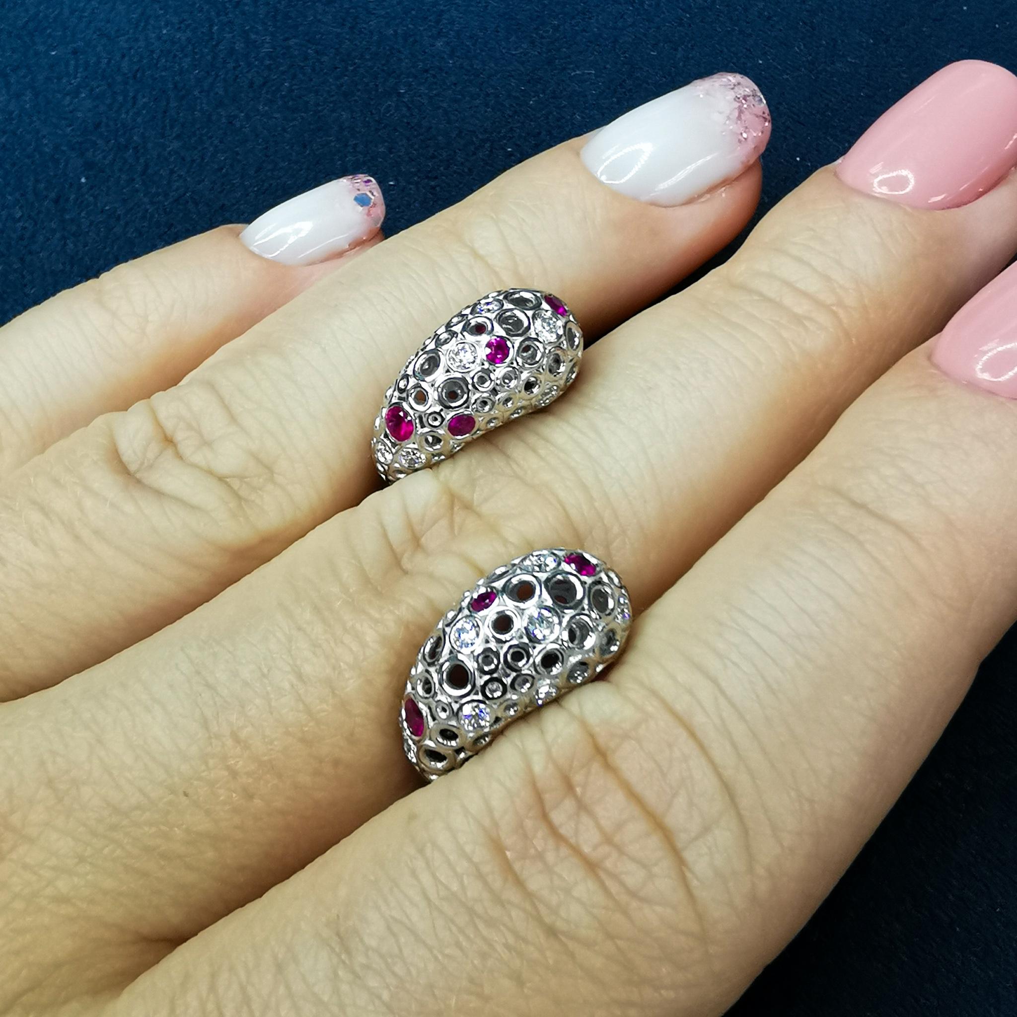 Diamonds Rubies 18 Karat White Gold Bubble Earrings In New Condition In Bangkok, TH