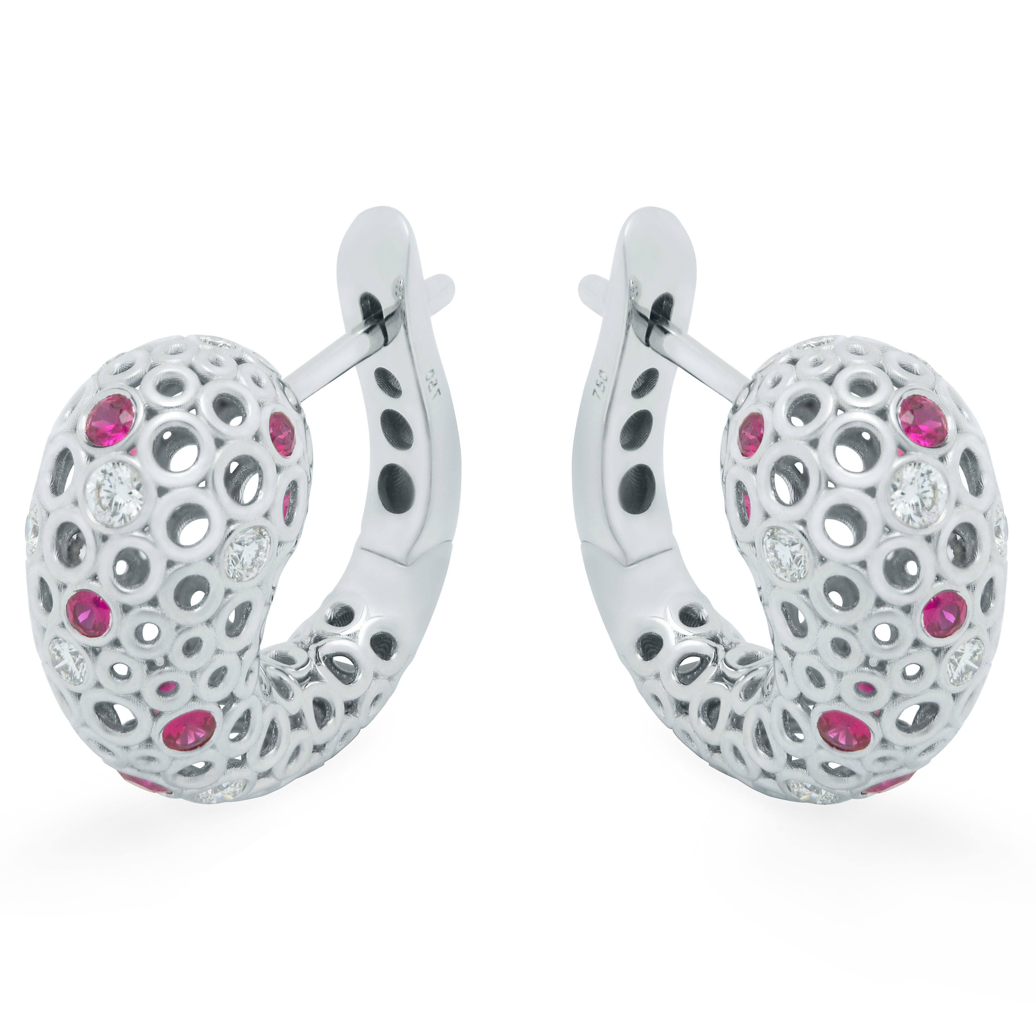 Contemporary Diamonds Rubies 18 Karat White Gold Bubble Earrings For Sale