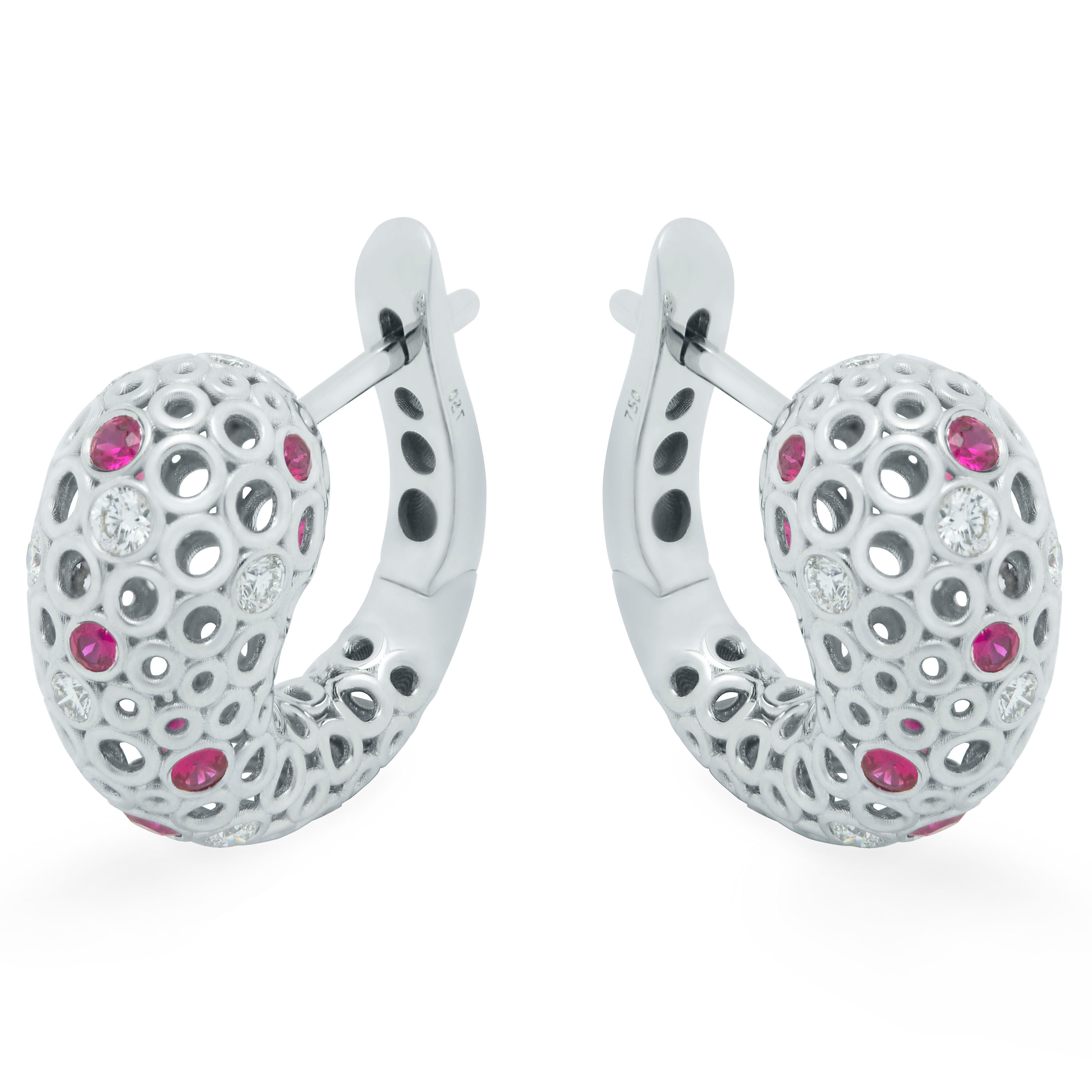 Contemporary Diamonds Rubies 18 Karat White Gold Bubble Earrings